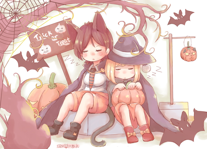 2girls animal_ears asagao_to_kase-san bat black_cape black_footwear blonde_hair blush brown_hair cape cat_ears cat_tail closed_eyes couple full_body halloween hat highres jack-o'-lantern kase_tomoka multiple_girls necktie red_footwear satorichan short_hair shorts signature silk sitting skirt sleeping spider_web tail trick_or_treat witch_hat yamada_yui yuri