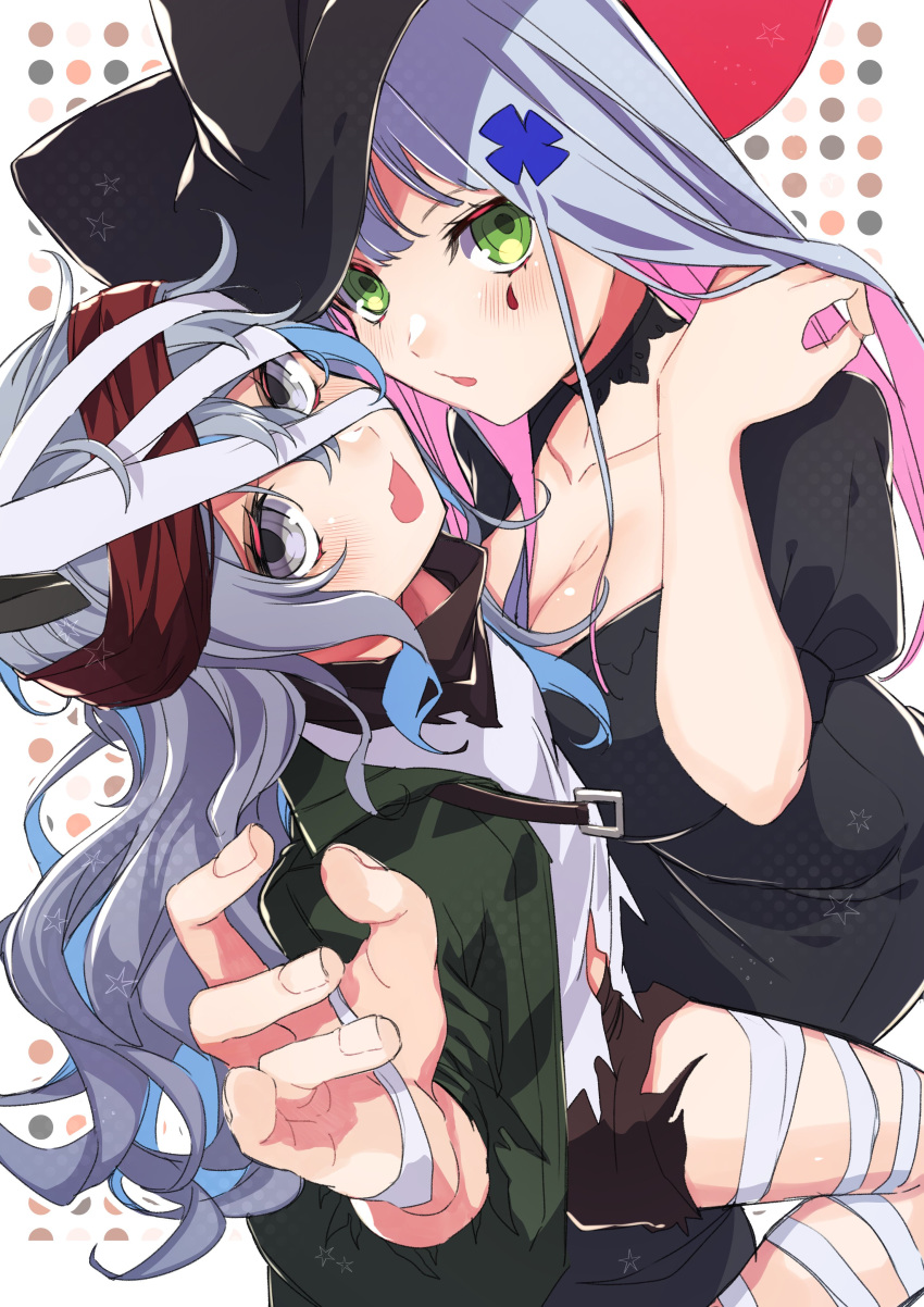 2girls absurdres alternate_costume bandaged_hand bandaged_head bandaged_leg bandages bangs black_dress black_headwear blush breasts cleavage collarbone commentary_request detached_collar dress dutch_angle from_above g11_(girls_frontline) girls_frontline girusyu1945 green_eyes grey_eyes grey_hair halloween halloween_costume hat headband highres hk416_(girls_frontline) long_hair looking_at_viewer medium_breasts multiple_girls silver_hair small_breasts straight_hair tattoo wavy_hair witch_hat