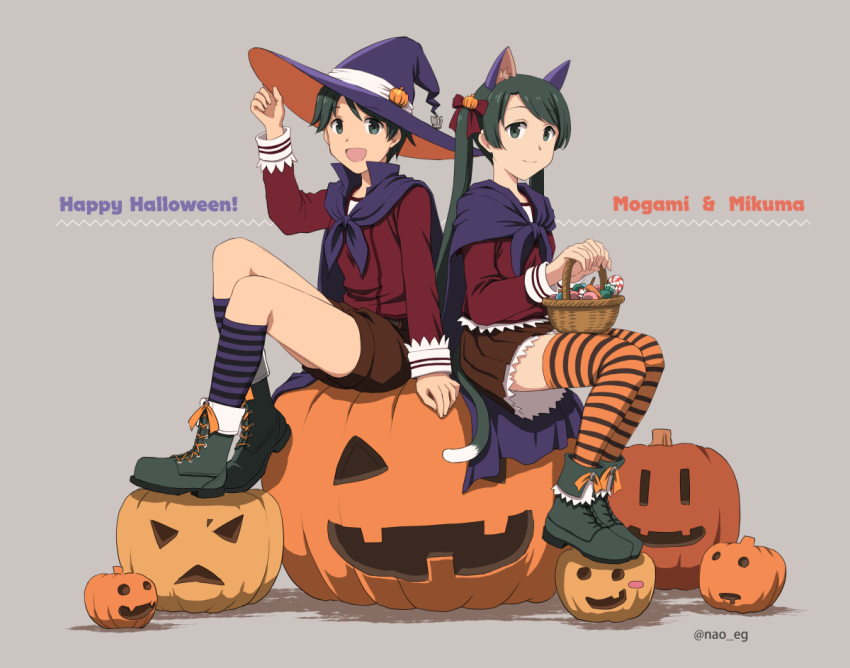 2girls animal_ears bangs basket black_footwear boots brown_shorts brown_skirt candy cape cat_ears cat_tail character_name english_text fake_animal_ears fake_tail food food_themed_hair_ornament full_body grey_background hair_ornament halloween halloween_costume hat jack-o'-lantern kantai_collection kneehighs long_hair long_sleeves mikuma_(kantai_collection) mogami_(kantai_collection) multiple_girls nao_(nao_eg) open_mouth pleated_skirt pumpkin_hair_ornament ribbon short_hair shorts simple_background sitting skirt smile striped striped_legwear tail thighhighs twintails twitter_username witch_hat