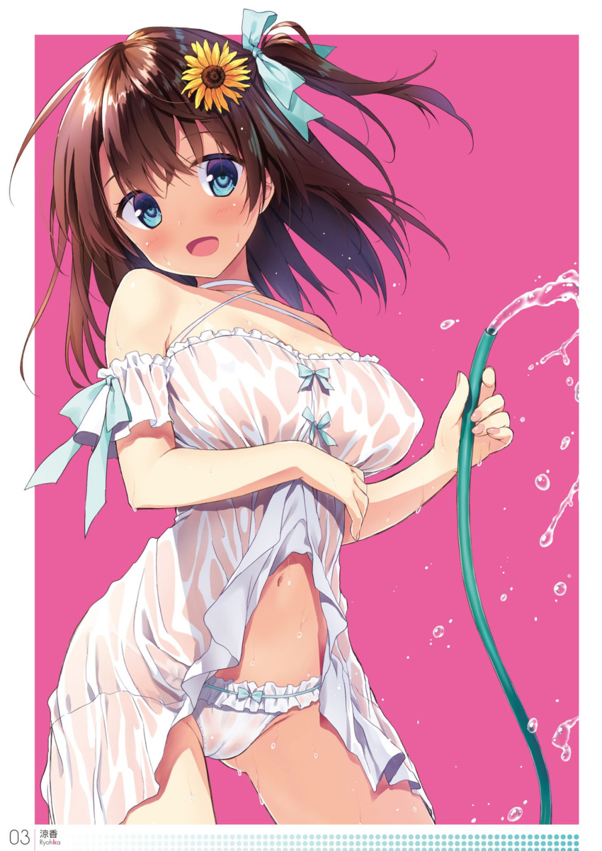 1girl :d absurdres artist_name ass_visible_through_thighs bare_arms bare_shoulders blue_eyes blue_ribbon blush breasts brown_hair cameltoe camisole cleavage cowboy_shot criss-cross_halter dress dress_lift flower frilled_panties frills hair_flower hair_ornament hair_ribbon halter_dress halterneck highres hose large_breasts lifted_by_self long_hair looking_at_viewer one_side_up open_mouth original otona_no_moeoh page_number panties pink_background ribbon ryouka_(suzuya) scan simple_background sleeveless sleeveless_dress smile solo sundress sunflower_hair_ornament underwear water wet wet_clothes wet_dress white_panties
