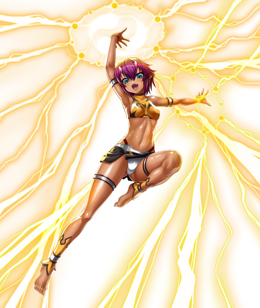 1girl absurdres aqua_eyes arm_up armlet bare_shoulders barefoot breasts covered_collarbone dark_skin highres horns kagami_hirotaka leg_up lightning looking_at_viewer midriff miniskirt official_art oni oni_horns open_mouth panties purple_hair shiny shiny_skin simple_background skirt sleeveless small_breasts smile solo taimanin_(series) taimanin_asagi_kessen_arena tank_top thigh_strap toes underwear white_background