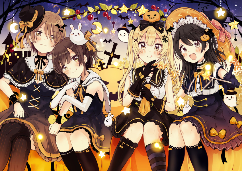 4girls :d :q absurdres ahoge animal arm_hug bangs bare_shoulders bird black_bow black_capelet black_dress black_gloves black_hair black_headwear black_legwear black_sailor_collar black_skirt blonde_hair blush bow braid brown_bow brown_eyes brown_hair bunny capelet chick closed_mouth collarbone commentary_request cover cover_page crescent dress elbow_gloves eyebrows_visible_through_hair fang food_themed_hair_ornament gloves hair_between_eyes hair_bow hair_ornament halloween hat head_tilt highres kneehighs long_hair looking_at_viewer mismatched_legwear multiple_girls open_mouth orange_bow orange_headwear orange_neckwear original pleated_skirt pumpkin_hair_ornament sailor_collar sailor_dress sakura_oriko shirt skirt sleeveless sleeveless_dress sleeveless_shirt smile spider_web_hair_ornament star star_print striped striped_bow striped_legwear swing!! thighhighs tilted_headwear tongue tongue_out tree_branch twintails vertical-striped_legwear vertical_stripes very_long_hair wand white_gloves white_sailor_collar white_shirt wing_hair_ornament witch_hat wrist_cuffs x_hair_ornament