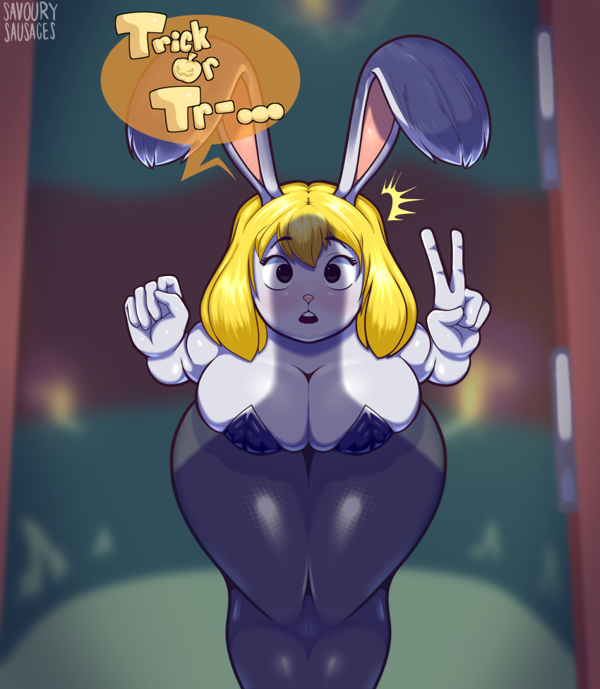 2019 absurd_res bent_over big_breasts blonde_hair blush breasts carrot_(one_piece) cleavage clothed clothing costume female fur hair halloween hi_res holidays lagomorph legwear leporid lingerie looking_up mammal minkmen_(one_piece) one_piece open_mouth peace_sign_(disambiguation) penis_shadow pink_nose playboy_bunny rabbit savourysausages silhouette simple_background solo stockings surprise teddy_(clothing) text thick_thighs trick_or_treat white_body white_fur