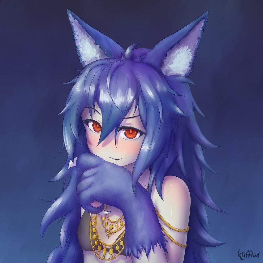 1:1 2019 animal_humanoid blue_body blue_fur blue_hair canid canid_humanoid canine canine_humanoid cygames digital_media_(artwork) female fenrir_(shingeki_no_bahamut) fur hair hi_res humanoid jewelry klifflod mammal mammal_humanoid rage_of_bahamut red_eyes shingeki_no_bahamut signature simple_background smile solo solo_focus teeth wolf_humanoid