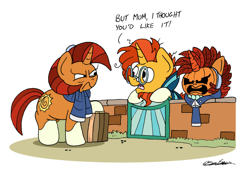 2019 angry bobthedalek clothing duo english_text equid eyewear female feral friendship_is_magic glasses hair hi_res horn humor jack-o'-lantern male mammal mother mother_and_child mother_and_son my_little_pony parent parent_and_child son stellar_flare_(mlp) sunburst_(mlp) text unicorn