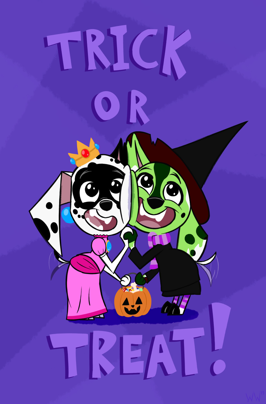 101_dalmatian_street 101_dalmatians 2019 absurd_res anthro anthrofied banjo-kazooie bodypaint bone bucket candy canid canine canis child clothed clothing crown cub dalmatian dee_dee_(101_dalmatians) dialogue disney dizzy_(101_dalmatians) domestic_dog dress duo ear_piercing ear_ring english_text face_paint female food fur gruntilda_winkybunion halloween halloween_costume hat headgear headwear hi_res holidays jack-o'-lantern jewelry legwear looking_at_viewer magic_user mammal mario_bros nintendo open_mouth piercing princess princess_peach rareware royalty scarf simple_background smile socks spots tailwag talking_to_viewer text trick_or_treat video_games whitewolf20xx witch witch_hat young