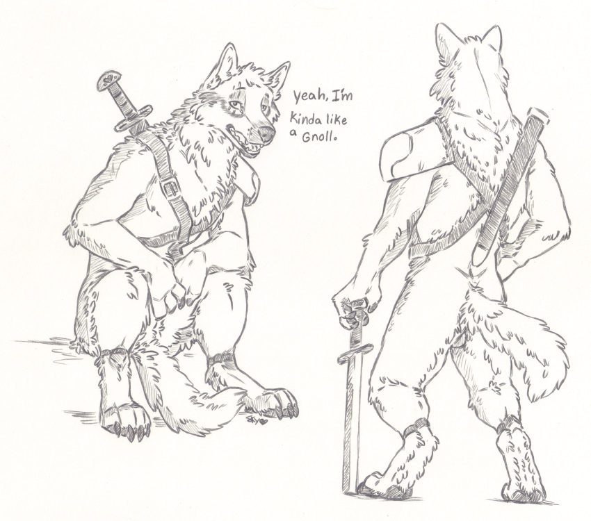 anthro armor backsack balls canid canine canis fluffy hi_res male mammal melee_weapon skyfifer sword traditional_media_(artwork) unconvincing_armor weapon wolf
