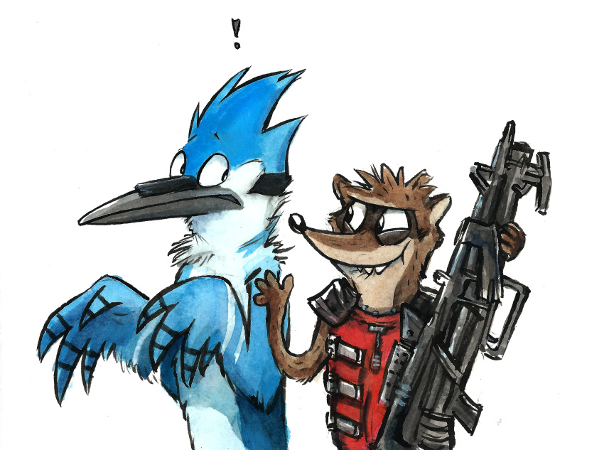 ! 2014 4_fingers absurd_res anthro avian beak bird blue_jay brown_body brown_fur cartoon_network clothed clothing corvid countershading crossover duo eye_contact feathers fingers frown fur grin guardians_of_the_galaxy hi_res holding_object holding_weapon humor jay_(bird) kenket looking_at_another looking_back mammal marvel mordecai_(regular_show) multicolored_body multicolored_feathers new_world_jay nude painting_(artwork) procyonid raccoon ranged_weapon regular_show rigby_(regular_show) simple_background smile traditional_media_(artwork) watercolor_(artwork) weapon white_background