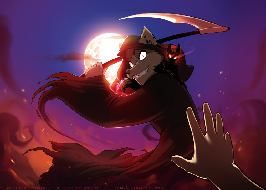2019 anthro attack brown_body brown_fur canid canine canis cloak clothed clothing conditional_dnp disembodied_hand fangs first_person_view fur glowing glowing_eyes grin hair halloween hi_res holding_object holding_weapon holidays hood human imminent_pain keidran looking_at_viewer male mammal melee_weapon moon mrs._nibbly night polearm reaching_out red_eyes robe rodent sciurid scythe sharp_teeth silhouette smile sythe_(twokinds) teeth tom_fischbach tree_squirrel twokinds weapon webcomic wolf