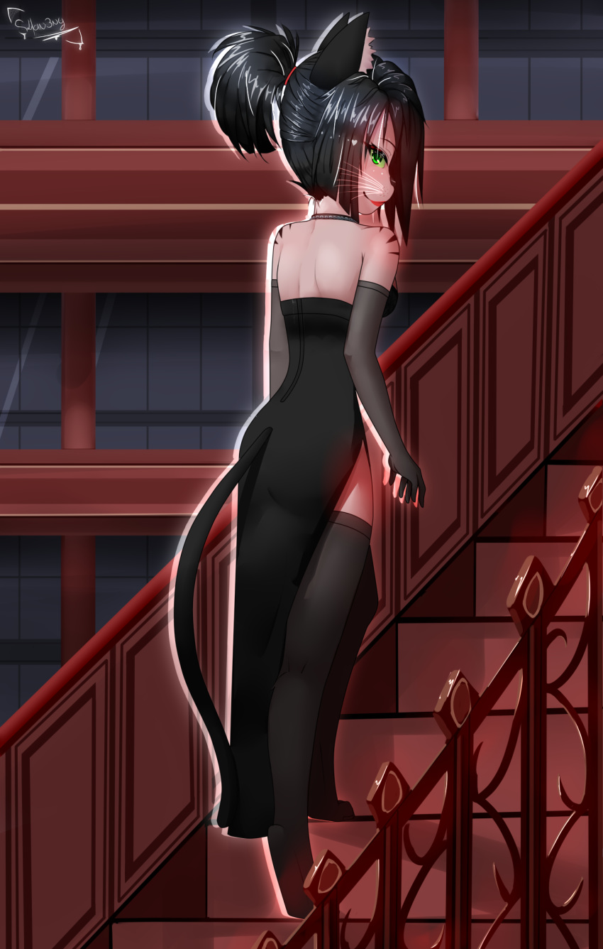 2019 anthro clothing domestic_cat dress felid feline felis female gloves hair handwear hi_res legwear mammal moira shan3ng solo stairs stockings