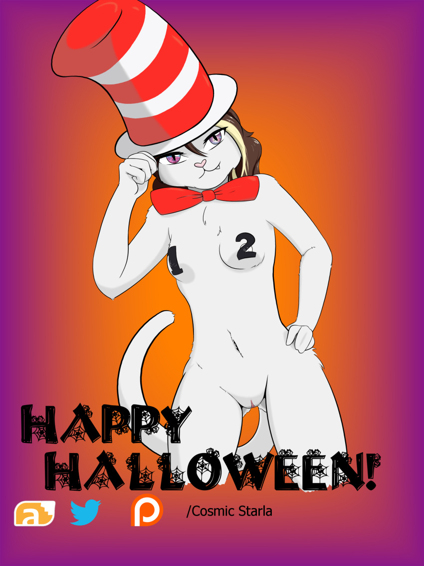 2019 absurd_res anthro blonde_hair bottomless bow_tie brown_hair clothed clothing cosmic_starla digital_drawing_(artwork) digital_media_(artwork) domestic_cat dr._suess english_text felid feline felis female fur gradient_background hair halloween hi_res holidays mammal nipple_stickers nude pussy simple_background solo starla_white text the_cat_in_the_hat white_body white_fur