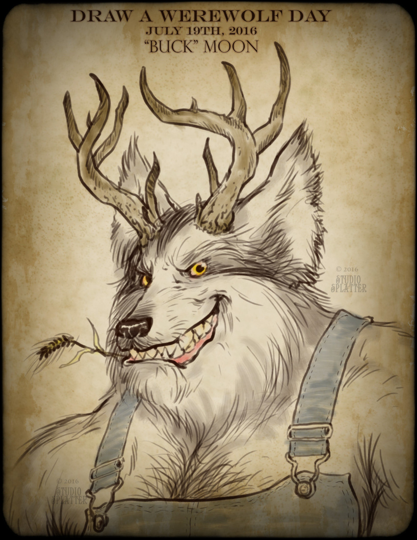 2016 absurd_res anthro body_hair canid canine canis chest_hair grin hi_res horn hybrid looking_at_viewer male mammal sean_platter sharp_teeth smile teeth were werecanid werecanine werewolf wolf yellow_eyes