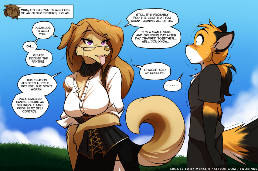 ... 2019 alternate_version_at_source anthro big_breasts black_body black_fur blush bodily_fluids bottomwear breasts brown_body brown_fur canid canine canis chest_tuft cleavage clothed clothing conditional_dnp corset dialogue domestic_dog duo english_text erilas evals eyewear female fox fur glasses gloves_(marking) hair heat_(disambiguation) hi_res keidran lingerie male mammal markings mike_(twokinds) multicolored_body multicolored_fur orange_body orange_fur outside ponytail purple_eyes seductive skirt sky stare sweat text tom_fischbach tongue tongue_out tuft twokinds webcomic white_body white_fur