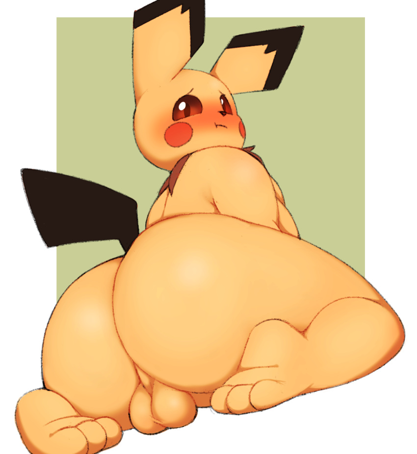 anthro anthrofied backsack balls barefoot big_butt blush butt fur hi_res looking_back male nintendo nude overweight overweight_male pichu pok&eacute;mon pok&eacute;mon_(species) pok&eacute;morph pururing short_stack slightly_chubby solo teapot_(body_type) thick_thighs video_games wide_hips yellow_body yellow_fur