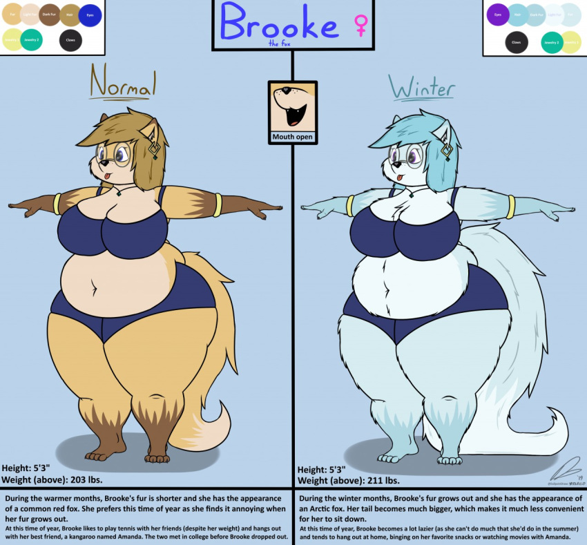 2019 anthro belly big_belly big_breasts breasts brooke_(dullpoint) canid canine clothing digital_media_(artwork) dullpoint english_text eyewear female fox glasses hair jewelry mammal obese obese_female overweight overweight_female solo text tongue tongue_out