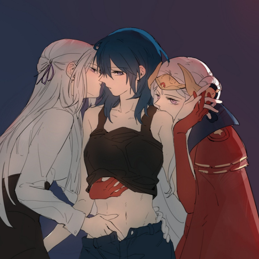 3girls bare_shoulders black_background black_tank_top braid byleth_(fire_emblem) byleth_(fire_emblem)_(female) cape collarbone dual_persona edelgard_von_hresvelg eyebrows_visible_through_hair fire_emblem fire_emblem:_three_houses gloves green_hair hair_between_eyes hair_ornament hand_in_pants hand_on_another's_hip highres interlocked_fingers kiss multiple_girls nanjonio navel purple_eyes red_cape red_gloves tank_top_lift white_hair yuri