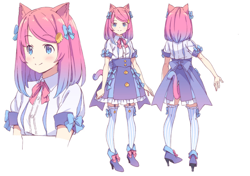 1girl animal_ears blue_eyes boots bow cat_ears cat_tail collage commentary_request frilled_skirt frills full_body garter_straps gradient_hair gradient_tail hair_bow hair_ornament hair_ribbon hairclip high_heel_boots high_heels kanzaki_hiro medium_hair multicolored_hair multiple_views neck_ribbon original pink_hair ribbon short_sleeves skirt striped striped_legwear tail thighhighs vertical-striped_legwear vertical_stripes