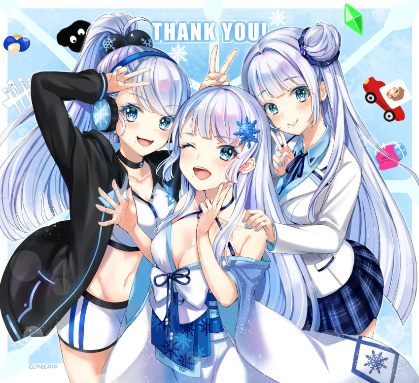 3girls absurdres black_jacket blazer blue_background blue_eyes blue_nails blush bow breasts cleavage closed_mouth cokecoco collarbone commentary cowboy_shot earmuffs hair_bobbles hair_ornament hair_scrunchie halterneck hand_on_another's_shoulder high_ponytail highres jacket japanese_clothes kimono large_breasts long_hair long_ponytail long_sleeves looking_at_viewer mole mole_under_mouth multiple_girls multiple_persona nail_polish navel nijisanji obi open_mouth plaid plaid_skirt sash school_uniform scrunchie setsuna_(nijisanji) shorts side_bun sidelocks simple_background skirt smile snowflake_hair_ornament snowflake_print v virtual_youtuber white_bow white_hair white_jacket white_kimono white_shorts wide_sleeves yuki_onna