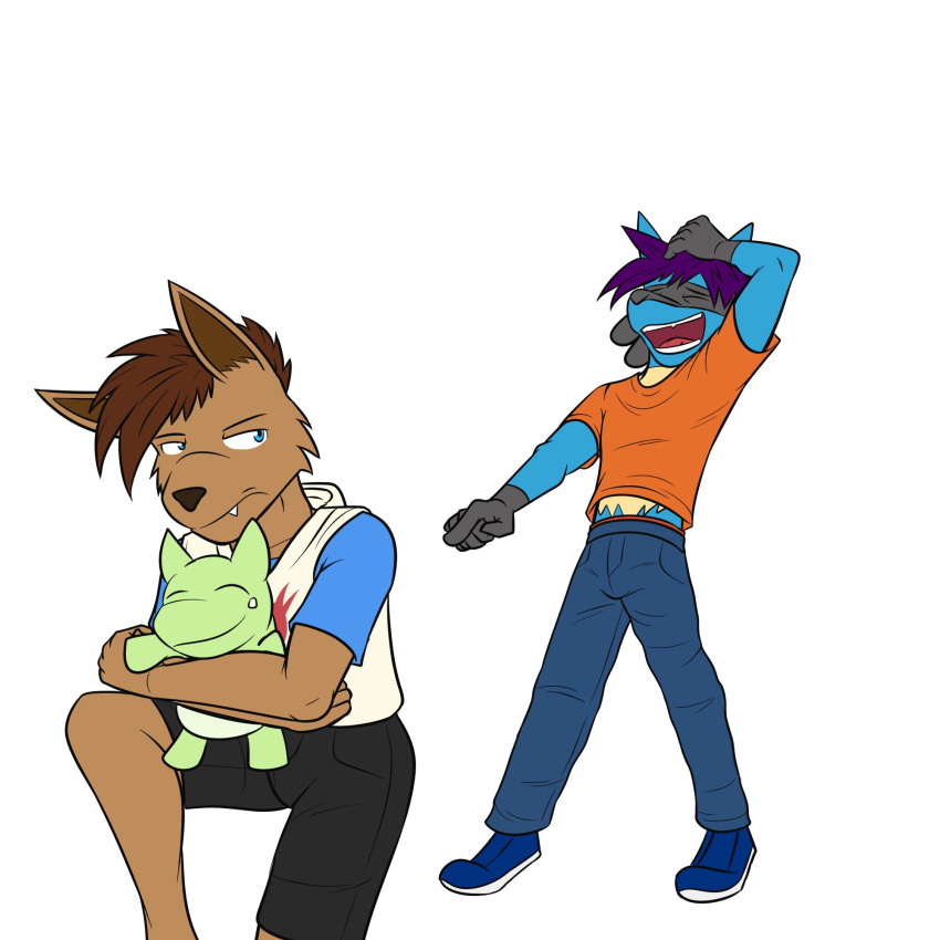 1:1 anthro anthrofied bottomwear bullying clothed clothing duo eevee footwear fully_clothed fuze hi_res hoodie laugh lucario male nintendo pants plushie pok&eacute;mon pok&eacute;mon_(species) shirt shoes shorts simple_background substitute t-shirt topwear video_games white_background