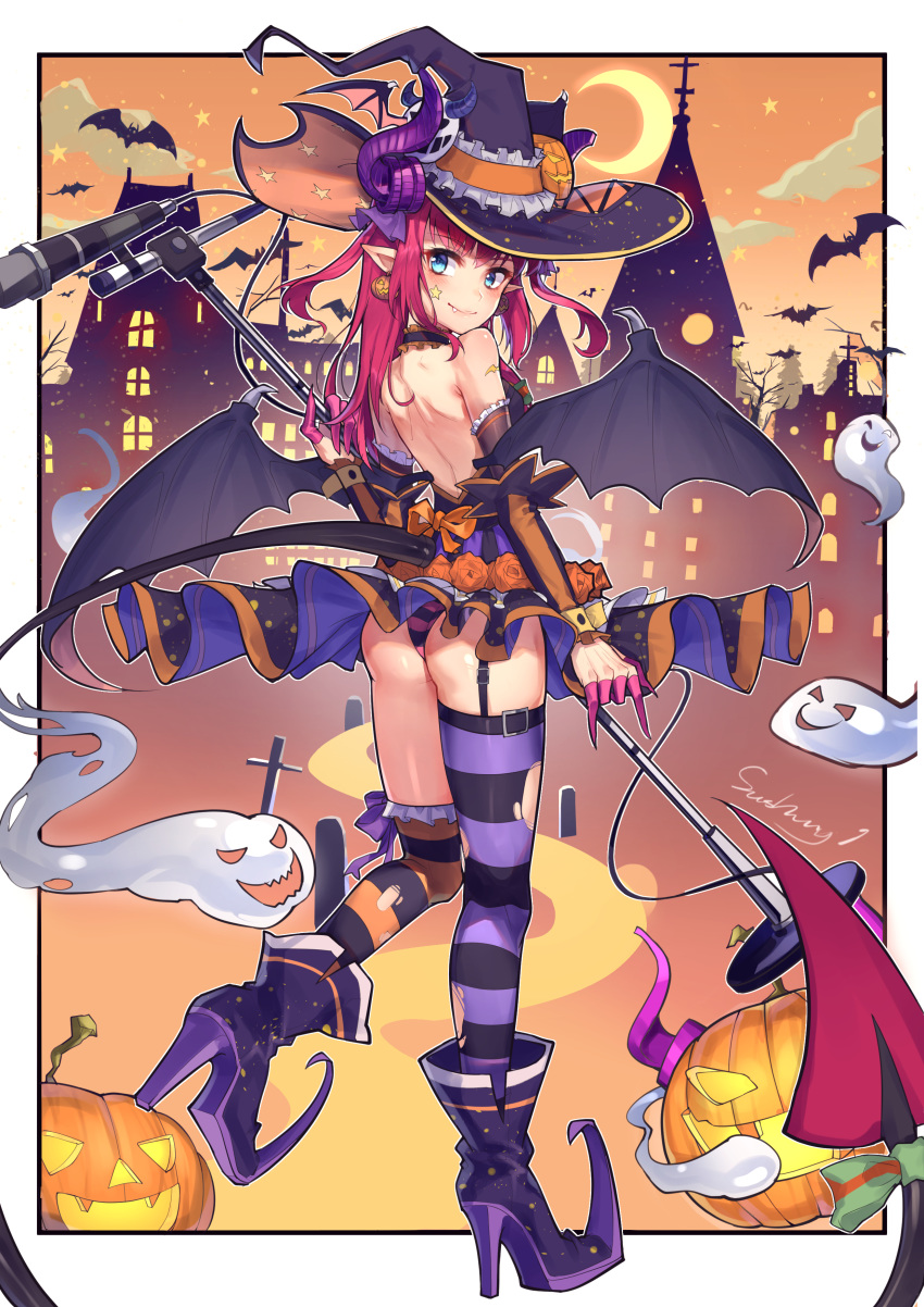 1girl absurdres ass asymmetrical_horns black_legwear black_panties blue_eyes curled_horns dragon_girl dragon_horns dragon_tail dress earrings elizabeth_bathory_(fate)_(all) elizabeth_bathory_(halloween_caster)_(fate) fang fang_out fate/grand_order fate_(series) garter_straps halloween halloween_costume hat highres holding holding_microphone horns horns_through_headwear idol jack-o'-lantern jewelry kaer_sasi_dianxia long_hair microphone microphone_stand mismatched_legwear multicolored multicolored_clothes multicolored_legwear multicolored_panties orange_legwear panties pink_hair pointy_ears purple_legwear purple_panties short_dress single_over-kneehigh single_thighhigh smile solo striped striped_legwear striped_panties tail thighhighs underwear vertical-striped_dress vertical_stripes wings witch_hat