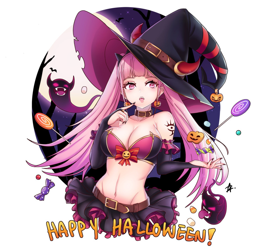 1girl absurdres belt breasts candy cleavage earrings fire_emblem fire_emblem:_three_houses food halloween_costume happy_halloween hat highres hilda_valentine_goneril jewelry large_breasts lollipop long_hair midriff nail_polish navel open_mouth pink_eyes pink_hair skirt solo twintails upper_body witch_hat zedoraart