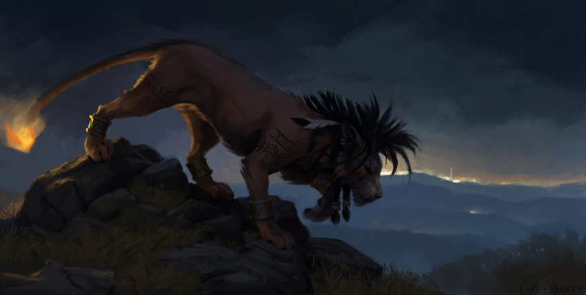 2015 armor beads black_hair bracers claws detailed_background digital_media_(artwork) digitigrade ear_piercing felid feral final_fantasy final_fantasy_vii fire fur grass hair hax_(artist) hi_res kenket lion lofi male mammal night outside pantherine paws piercing portrait quadruped red_body red_fur red_xiii rock shaded side_view solo square_enix tattoo tribal video_games walking whiskers