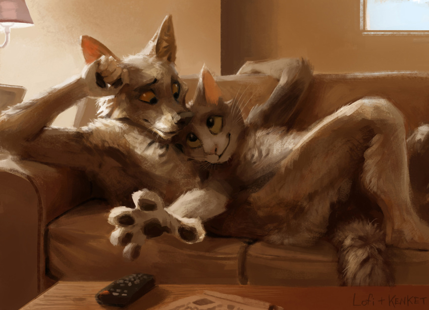 2015 5_fingers ambiguous_gender anthro black_lips black_nose canid canine canis controller detailed_background digital_media_(artwork) domestic_cat duo eye_contact felid feline felis fingers fluffy fluffy_tail fur furniture grey_body grey_fur handpaw hax_(artist) inside jackal kenket lamp lips lofi long_mouth looking_at_another looking_down looking_up lying mammal no_sclera nude on_back orange_eyes pawpads paws pink_nose reaching remote_control romantic_couple shaded side_view slice_of_life smile snout sofa table tv_remote whiskers white_body white_fur yellow_eyes