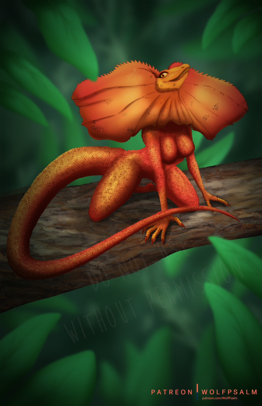 2019 agamid anthro big_breasts breasts digital_media_(artwork) female forest frilled_lizard hi_res lizard non-mammal_breasts outside reptile scalie smile solo tree wolfpsalm