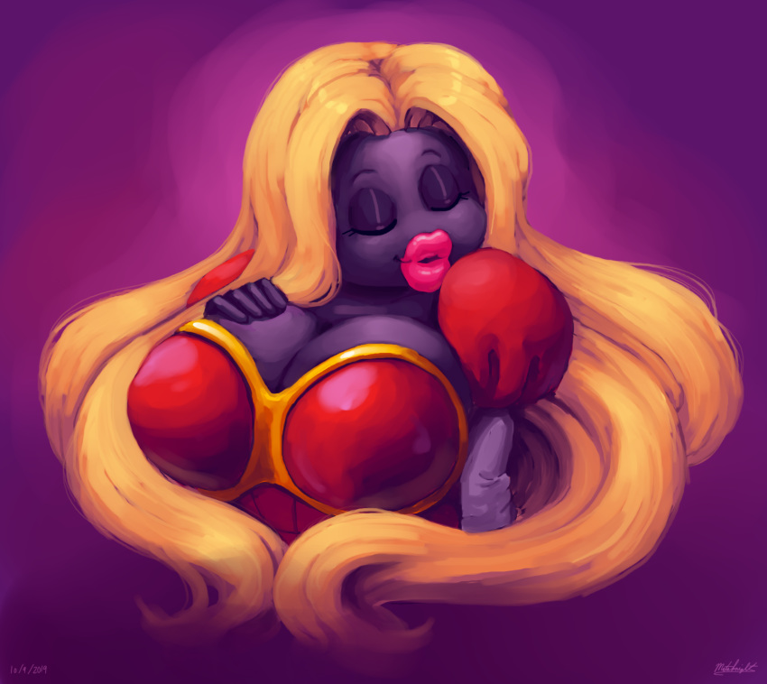 2019 big_breasts blonde_hair breasts cleavage clothed clothing eyelashes eyes_closed female hair hand_on_breast hi_res humanoid jynx lips mataknight nintendo not_furry outta_sync pok&eacute;mon pok&eacute;mon_(species) purple_background purple_body purple_skin pursed_lips simple_background smile solo thick_lips video_games