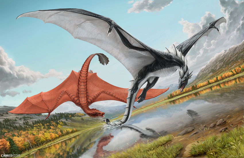 2019 ambiguous_gender autumn caraid claws cloud day detailed_background digital_media_(artwork) dorsal_crest dragon duo feral flying grass hi_res horn khyaber_(character) lake membrane_(anatomy) membranous_wings morghus mountain open_mouth outside reflection scales scalie sky spines teeth toe_claws tongue tree water wings wyvern