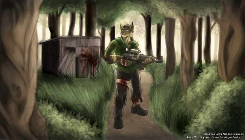 2019 absurd_res anthro ar-15_style_gun armor assault_rifle balaclavacat blood bodily_fluids clothed clothing day dayz digital_media_(artwork) forest fur gore grass gun hair hi_res holding_gun holding_object holding_weapon invalid_background male outside pain portrait post-apocalyptic ranged_weapon rifle simple_background sky solo standing tree video_games weapon wounded