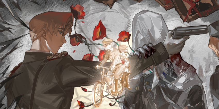 2boys absurdres aged_down aiming bicycle black_jacket blonde_hair blue_eyes boots charon_(reverse:1999) covered_face flower gloves grey_background gun handgun hat highres holding holding_gun holding_weapon jacket komeokun looking_at_another male_focus multiple_boys multiple_riders newsboy_cap poppy_(flower) profile red_flower reverse:1999 riding riding_bicycle short_hair veil weapon white_gloves white_veil