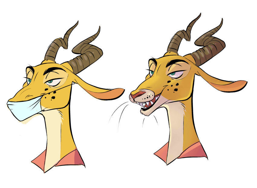 2019 ambiguous_gender antelope beastars bovid bust_portrait disney felid fur gazelle hi_res horn hybrid impendingsenseofdoom leopard mammal mask melon_(beastars) pantherine portrait sharp_teeth simple_background slit_pupils spots teeth white_background white_body white_fur yellow_body yellow_fur zootopia