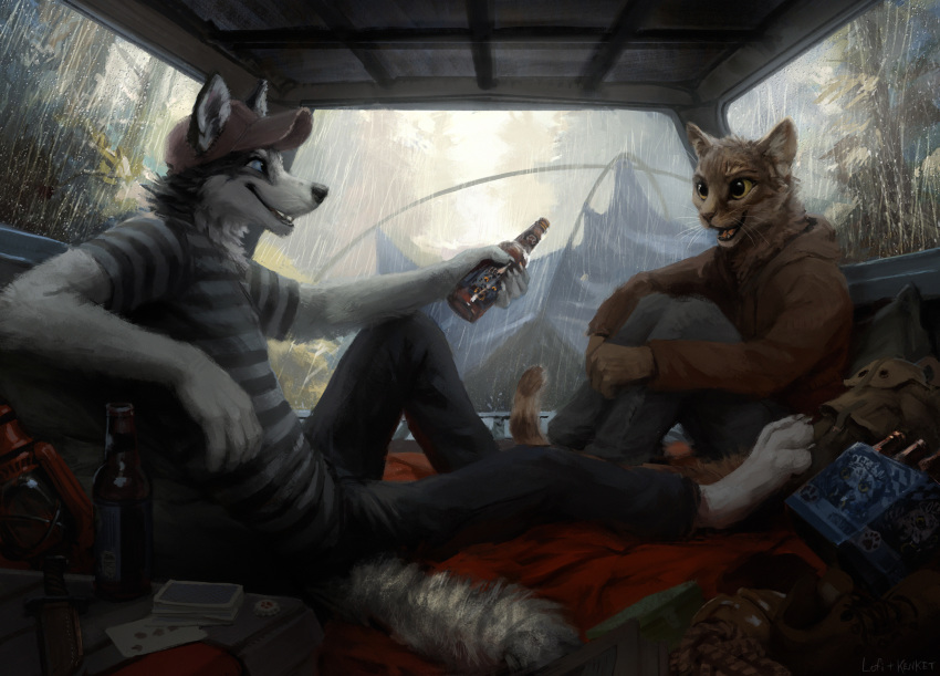 2015 5_fingers alcohol amazing_background anthro backpack barefoot beer beverage biped black_body black_fur black_nose blade blue_eyes bottle brown_body brown_fur canid canine canis car card claws clothed clothing detailed detailed_background digital_media_(artwork) domestic_cat domestic_dog duo eye_contact fangs felid feline felis fingers forest fur furgonomics hat hax_(artist) headgear headwear hi_res holding_bottle holding_object husky inside inside_car jacket kenket knife leaning lofi looking_at_another lying male mammal multicolored_body multicolored_fur nature nordic_sled_dog open_mouth open_smile outside pawpads playing_card raining relaxing shirt smile spitz stack tent topwear tree two_tone_body two_tone_fur vehicle water whiskers white_body white_fur yellow_eyes