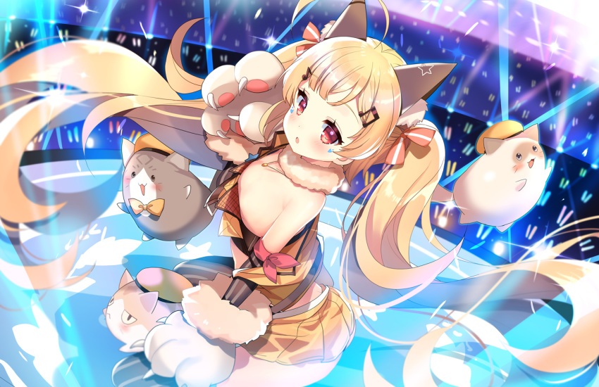 1girl ahoge animal_ears azur_lane bare_shoulders blonde_hair blush bow cat commentary_request crop_top eldridge_(azur_lane) eyebrows_visible_through_hair facial_mark flat_chest floating_hair fur_collar fur_trim gloves glowstick hair_bow hair_ornament hairclip kurot long_hair looking_at_viewer meowfficer_(azur_lane) midriff miniskirt musical_note_hair_ornament orange_skirt parted_lips paw_gloves paws pleated_skirt red_eyes skirt solo stage_lights thighhighs twintails very_long_hair