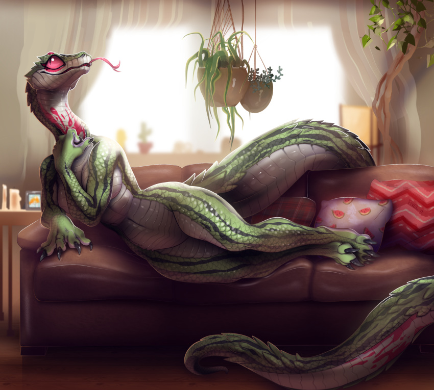 2019 anthro breasts claws female fivel furniture hi_res inside lying nude on_side pillow plant reptile scales scalie smile snake sofa solo tongue tongue_out