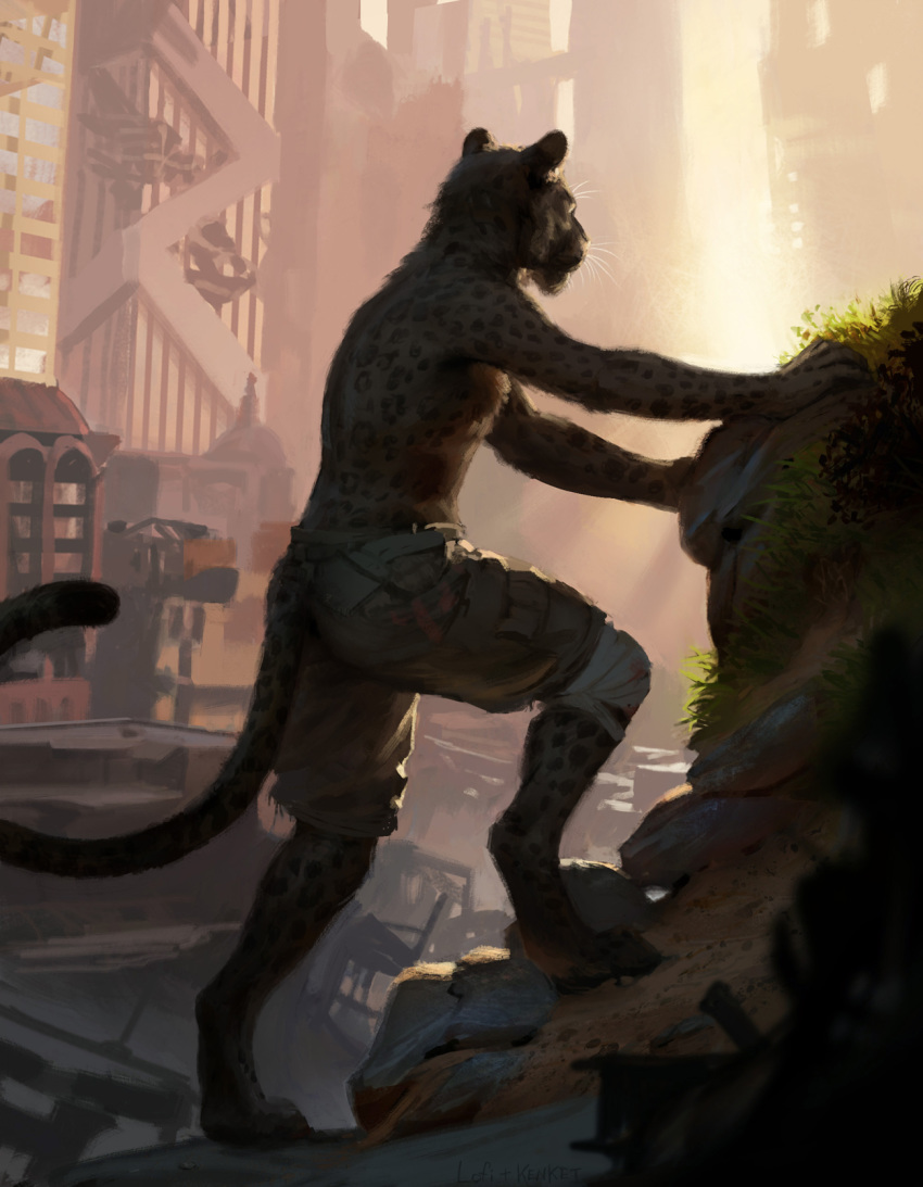 2016 anthro arm_support athletic bandage biped black_body black_fur blood bodily_fluids bottomwear building city cityscape clothed clothing detailed detailed_background digital_media_(artwork) digitigrade felid fur grass hax_(artist) hi_res kenket lofi male mammal melanistic nyeusi_(taabu) outside pantherine post-apocalyptic rock shorts solo spots spotted_body spotted_fur topless whiskers