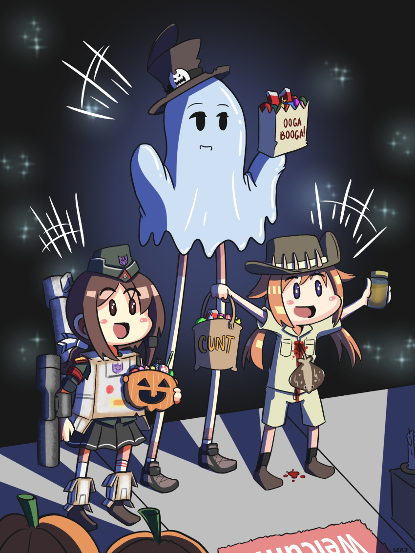 3girls absurdres bag bleeding blood candy carpet english_text f1_(girls_frontline) fake_blood food ghost_costume girls_frontline halloween halloween_costume highres jack-o'-lantern jar long_legs m200_(girls_frontline) megatron multiple_girls p38_(girls_frontline) pee profanity serjatronic steve_irwin stingray transformers trick-or-treating trick_or_treat