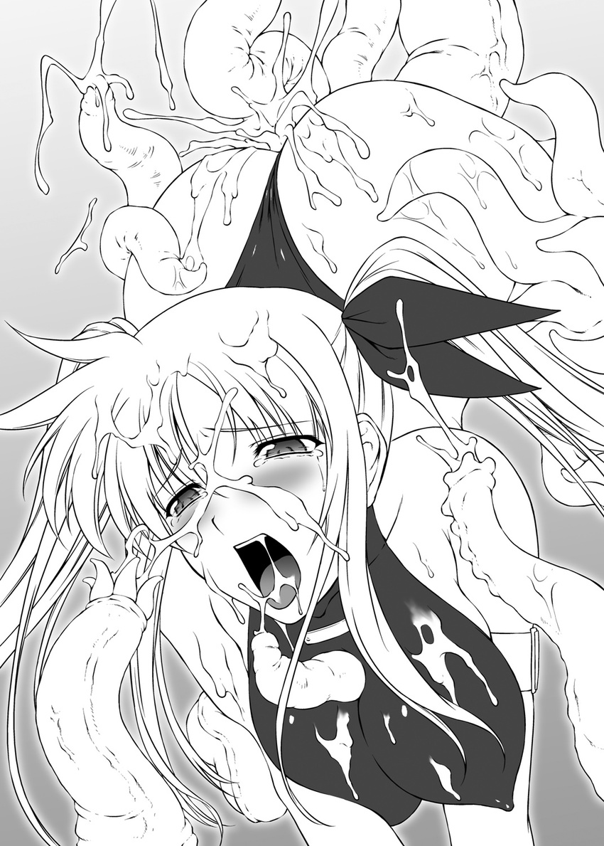 1girl all_fours anal armband ass between_breasts blush bow breasts bukkake cum cum_everywhere cum_explosion doggy_style doggystyle double_penetration ejaculation erect_nipples fate_testarossa from_behind highres large_breasts leotard lyrical_nanoha mahou_shoujo_lyrical_nanoha monochrome monster open_mouth paizuri penis rape rindou_(radical_dream) rindou_aya sex tears tentacle tentacle_rape tentacles thong_leotard twintails vaginal
