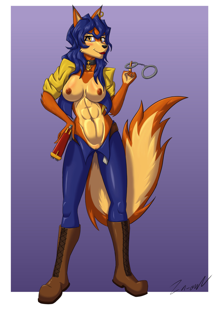 2019 abs absurd_res anthro athletic blue_hair blush boots breasts canid canine carmelita_fox clothing collar cuffs_(disambiguation) digital_media_(artwork) ear_piercing ear_ring female footwear fox gun hair hi_res jacket looking_at_viewer mammal mostly_nude piercing pussy ranged_weapon simple_background sly_cooper_(series) smile solo sony_corporation sony_interactive_entertainment sucker_punch_productions topwear video_games weapon za-owl