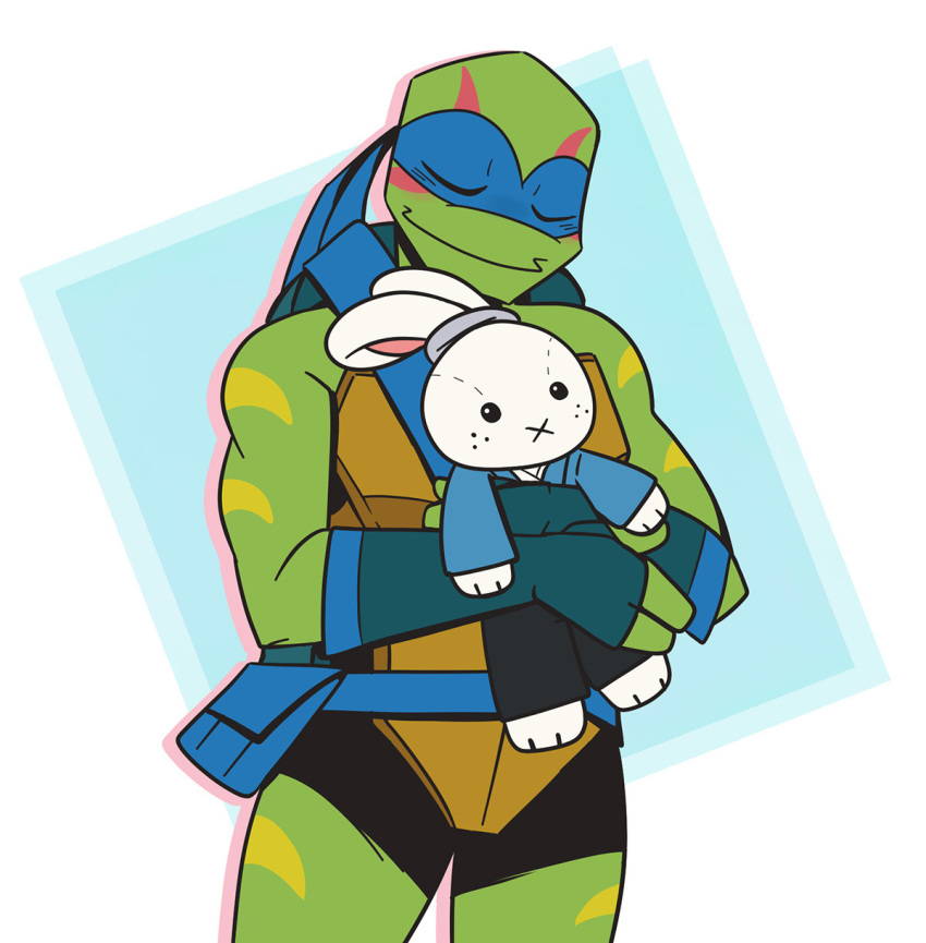 anthro bottomwear clothed clothing eyes_closed galacticonejos green_body green_skin hi_res hug leonardo_(tmnt) male mask miyamoto_usagi plushie reptile rise_of_the_teenage_mutant_ninja_turtles scalie shorts simple_background teenage_mutant_ninja_turtles topless turtle usagi_yojimbo