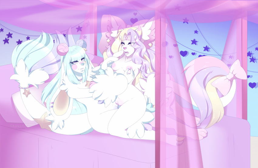 anthro bed bedroom bow breasts cel_shading closed_specie cowgirl_(disambiguation) curvaceous curvy_figure female female/female fluffy folklore furniture girly hi_res konomofu long_tail masturbation nipple_play nipples orgasm pastel_color pillow pussy voluptuous