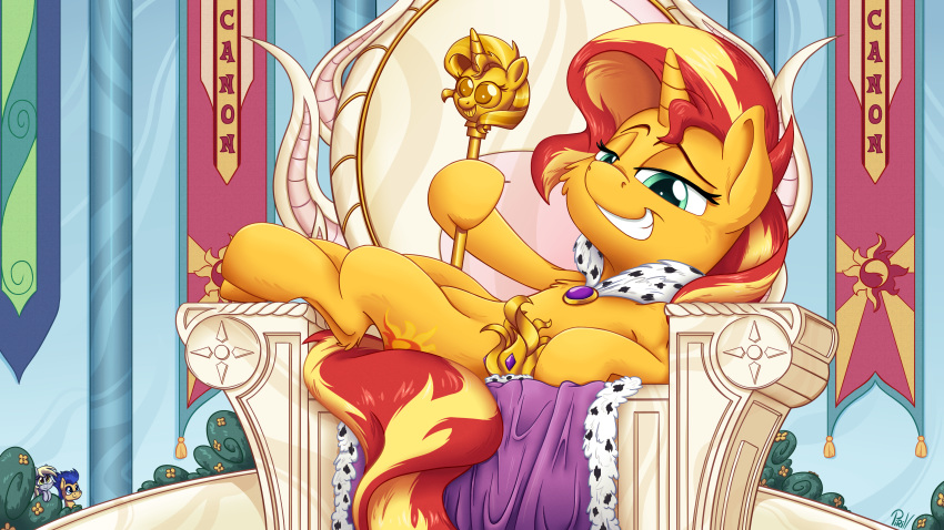 2019 absurd_res chair cutie_mark derpy_hooves_(mlp) equestria_girls equid female flash_sentry_(mlp) friendship_is_magic furniture grin group hair hi_res horn inside looking_at_viewer lying mammal my_little_pony pirill-poveniy scepter signature smile smug sunset_shimmer_(eg) throne unicorn