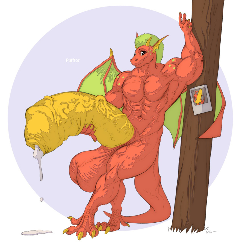 1:1 anthro dragon hi_res horn humanoid_penis hyper hyper_penis male muscular orange_body orange_skin penis pufftor pufftor_the_dragon solo