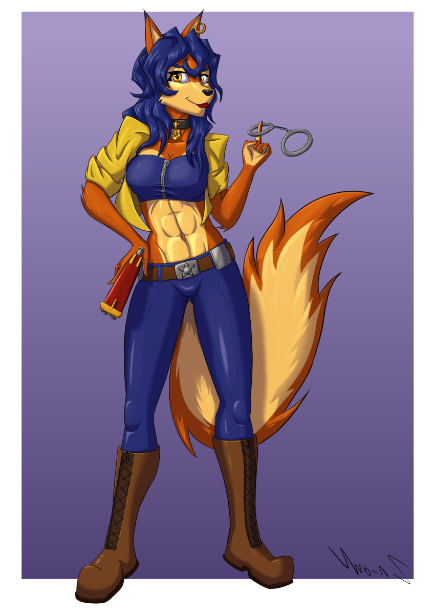 2019 abs absurd_res anthro athletic blue_hair boots breasts canid canine carmelita_fox clothing collar cuffs_(disambiguation) digital_media_(artwork) ear_piercing ear_ring female footwear fox gun hair hi_res looking_at_viewer mammal piercing ranged_weapon simple_background sly_cooper_(series) smile solo sony_corporation sony_interactive_entertainment sucker_punch_productions video_games weapon za-owl