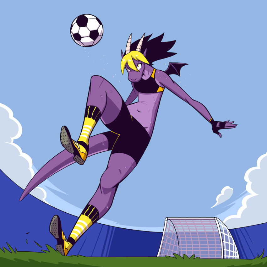 1:1 5_fingers action_pose anthro athletic ball black_hair blonde_hair blue_sky bodily_fluids bottomwear cleats clothed clothing cloud day digital_media_(artwork) dragon female fingerless_gloves fingers gloves grass hair handwear hi_res horn legwear low-angle_view membrane_(anatomy) membranous_wings outside pose short_hair shorts shyguy9 sky slim soccer soccer_ball socks solo sport sweat wide_hips wings yellow_eyes