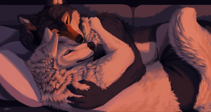 2016 5_fingers anthro anthro_on_anthro arctic_wolf black_body black_fur black_nose brown_body brown_fur canid canine canis cheek_tuft claws clothed clothing cuddling detailed_background digital_media_(artwork) duo ear_grab eyes_closed face_tuft fingers fluffy fluffy_tail fur hand_on_back hand_on_shoulder hi_res inner_ear_fluff inside lying male male/male mammal neck_tuft on_sofa pillow romantic romantic_couple sleeping snowfoxatheart topless tuft underwear underwear_only whiskers white_body white_fur wolf