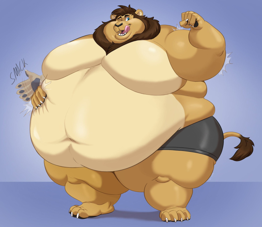 anthro belly belly_overhang big_belly chubby_cheeks claws clothed clothing double_chin felid flexing fur hand_on_stomach hi_res lion love_handles male mammal mane moobs morbidly_obese navel obese obese_male one_eye_closed open_mouth open_smile overweight overweight_male pantherine polartoons smile solo standing tan_body tan_fur thick_thighs toe_claws tongue tongue_out topless wide_hips wink