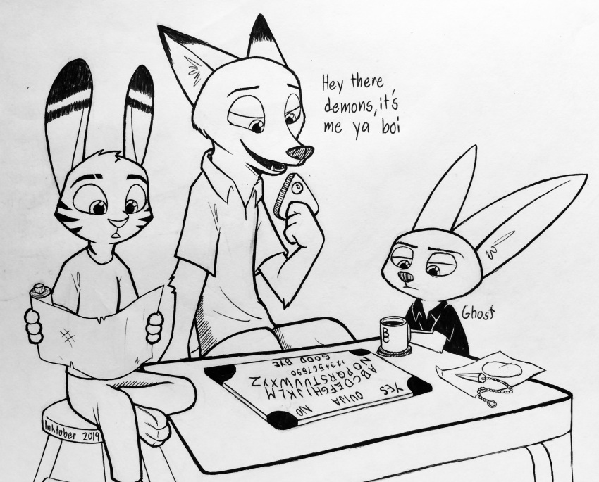 2019 anthro black_and_white bottomwear canid canine clothed clothing coffee_mug dialogue dipstick_ears disney english_text facial_markings fangs fennec finnick fox fully_clothed fur furniture group half-closed_eyes head_markings head_tuft hi_res inktober inner_ear_fluff jack_savage lagomorph leporid mammal markings monochrome multicolored_ears nick_wilde open_mouth pants rabbit shirt simple_background sitting stool striped_body striped_fur stripes t-shirt table teeth text theblueberrycarrots topwear tuft white_background zootopia