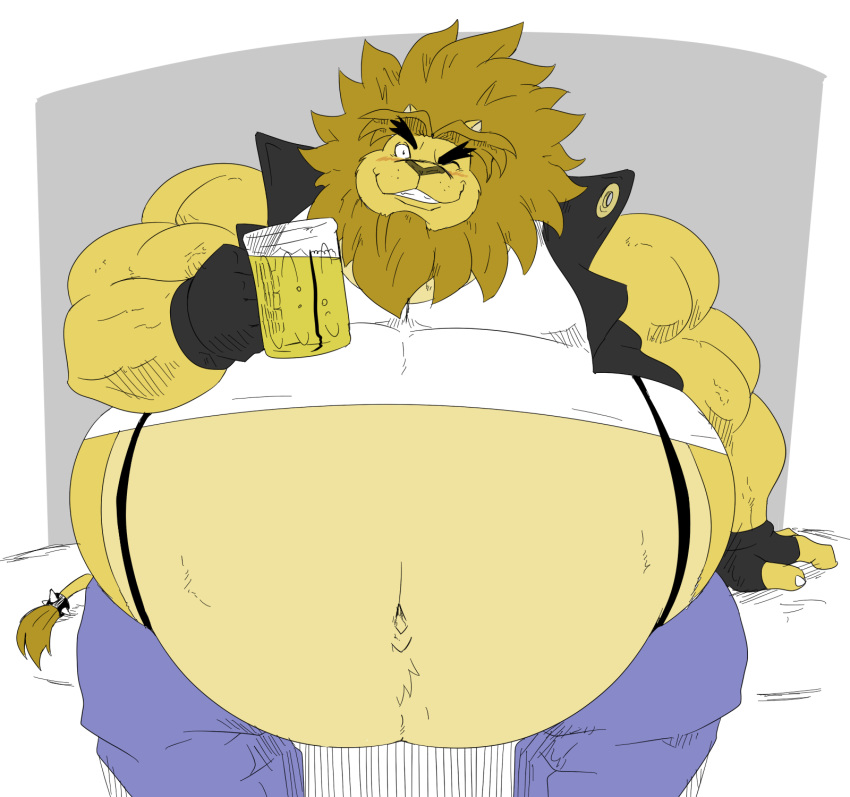 alcohol anthro beer belly beverage big_belly biped blush claws clothed clothing felid fur gloves handwear hi_res holding_beverage holding_object lion male mammal mane midriff musclegut muscular muscular_male navel obese obese_male one_eye_closed overweight overweight_male pantherine rando_(reagan700) reagan700 sitting smile solo suspenders tail_tuft tan_body tan_fur tuft wide_hips wink
